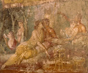 Fresko, der skildrer en tricliniumscene, fra Pompeji, Italien