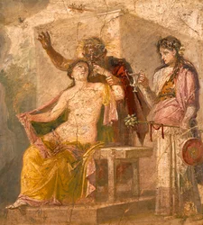 Fresko med et erotisk motiv, der skildrer en dionysisk scene, fra Pompeji (UNESCO