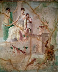 Herakles og Omfale, romersk fresko i 3. pompejanske stil fra Pompeji, 40-60 e.Kr., mål 88 x 103 cm, bevaret på Det Nationale Arkæologiske Museum i Napoli, Italien