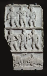 Marmorrelief med 3 registre: slaver i lænker og dyr, ca. 200 e.Kr. (marmor)