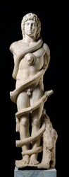 Mithraskult: fremstilling af guddommen Mithra med Chronos, den snoede slange, symbol på tiden. Marmorskulptur fra det 2. århundrede e.Kr. Mål: 167 cm. Mérida, Museo Nacional de Arte Romano