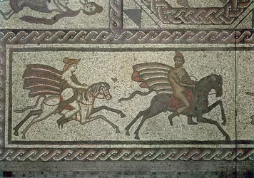 Mosaikbelægning fra den romerske villa ved Low Ham, der illustrerer historien om Dido og Aeneas fra Virgils Aeneid, ca. 350 e.Kr. mosaikdetalje fra 5959