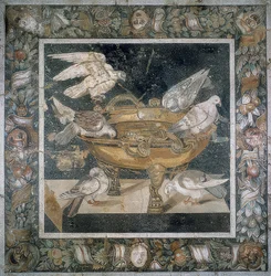 Mosaik fra Pompeji med en gruppe duer på kanten af et labrum. 3. årh. f.Kr.