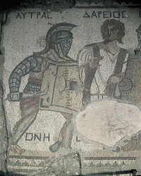 Maleri af to gladiatorer på en mosaikvæg, Kourion, Limassol, Cypern