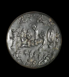 Patere de Parabiago, sølvritualskål, der skildrer Attis (eller Atys) og Cybeles triumf på en vogn affyret af løver, 4. århundrede. Sølv: Diameter: 40 cm. Musee Archelogique de Milano. - Patera af Parabiago, rituel sølvplade, der repræsenterer triumfen