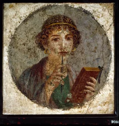 Portræt antager af Sapho (eller sappho) græsk digterinde. Romersk kvinde med bog og pen (stylus eller stil), fra Pompei, Napoli, Italien
