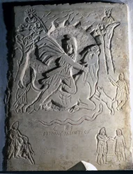 Relief der skildrer den iranske guddommelighed Mithra (eller Mitra) slagter tyren, et dyr forbundet med den. 4. århundrede. Palazzo dei Conservatori, Rom.