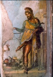 Repræsentation af den græske guddommelige Priape, frugtbarhedsguden, med en enorm penis konstant i erektion. Detalje af en Pompei fresco. Casa dei Vettii. 1. århundrede e.Kr.