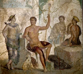 Romersk kunst: "" Meleagre og Atalante""" romersk fresko fra det 1. århundrede e.Kr. fra Pompei. Napoli, Nationalt Arkæologisk Museum - Romersk kunst: Meleager og Atalanta. Romersk fresko fra det 1. århundrede e.Kr. fra Pompeji. Nationalt arkæologisk museu