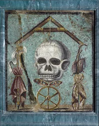 Romersk kunst: Memento Mori, symboler på liv og død. Mosaik fra Pompeji. 2. stil. Svag. 47x41 cm Nationalt Arkæologisk Museum, Napoli