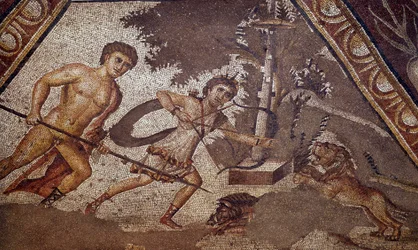 Romersk kunst: Mosaik af årstiderne fra gården til den konstantinske villa "" Daphne"" repræsenterende to jægere. Detalje. Fra Faubourg i Antioche-sur-l
