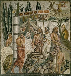 Romersk kunst: "" The Sacrifice of Iphigenie "" Kong Agamemnon ofrer sin datter for at dæmpe Artemis (Dianas) vrede. Mosaik fra det 1. århundrede f.Kr. Museum of Ampurias (Empurias), Spanien