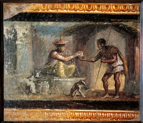Romersk kunst: »Den rejsende og troldkvinden«. Romersk fresko fra Villa dei Dioscuri i Pompeji. 1. århundrede e.Kr. Bevaret på Det Nationale Arkæologiske Museum i Napoli. Kvinde, der tilbyder en rejsende en drik, i
