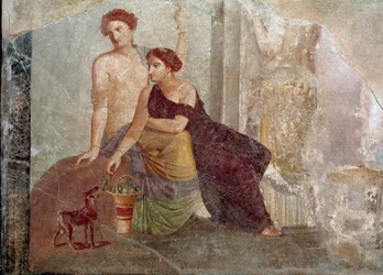 Romersk kunst: "" To kvinder leger med en ged"" Fresko fra det 1. århundrede f.Kr. Paris, Louvre-museet