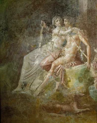 Romersk kunst: "Venus og Mars". Fresko fra Kitharspillerens hus i Pompeji. Tredje stil. Mål: 253 x 150 cm. Museo Archeologico Nazionale, Napoli