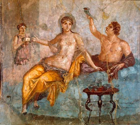 Romersk kunst: banketscene, en ung mand og en kurtisane. Romersk fresko i den 4. pompejanske stil fra stedet Ercolano (Herculanum eller Herculaneum), 60-80 e.Kr. Mål 65 x 66 cm. Præsenteret på Nationalmuseet. Flamsk skole