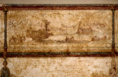 Romersk kunst: »Maritim scene med biremer og triremer«. Fresko, omkring 25-19 f.Kr. Mål: 73 cm. Rom, Museo Nazionale Romano (eller Thermemuseet)
