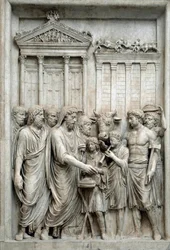Romersk kejser Marcus Aurelius ofrer foran Jupiters tempel, Rom, ca. 161-180 (marmorrelief)