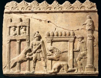 Romersk relief, der viser løver og gladiatorer, der kæmper i cirkus