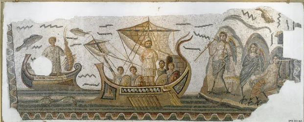 Romersk oldtid: »Odysseus modstår Sirenernes sang på sit skib« (Homers Odysseen). Mosaik. 250-270 e.Kr. Mål: 380 x 130 cm. Tunis, Bardos Nationalmuseum
