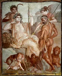 Romersk kunst: »Herakles finder sin søn Telefos (Telephus) i Arkadiens bjerge«. Romersk fresko fra udgravningsstedet Herculaneum (Ercolano), 70 e.Kr. Mål: 216x185 cm. Napoli, Museo Archeologico Nazionale