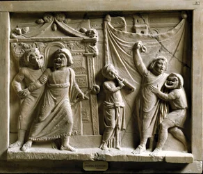 Romersk kunst: komisk teaterscene fra stykket »Andria« af Terents (Publius Terentius Afer) (185-159 f.Kr.), relief fra Pompeji - Museo Archeologico Nazionale, Napoli