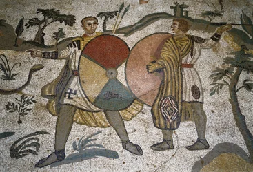 Romersk kunst: detalje af mosaikken "" Den store jagtdel"" Jægers våben af store skjolde. 315-350 e.Kr. Piazza Armerina, Villa Romana del Casale