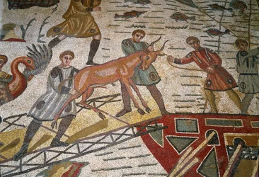 Romersk kunst: detalje af mosaikken "" Den vigtigste jagtdel"" Gazeller lastes på skibe. 315-350 e.Kr. Piazza Armerina, Villa Romana del Casale
