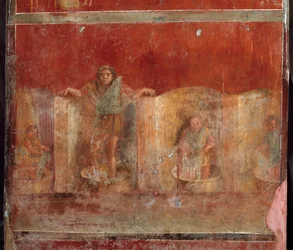 Romersk kunst: scene fra en fullonica eller foulonnerie, der skildrer rensning af folks tøj med fødderne. Fresko fra Villa Fullonica Stephani (La Fullonica de Stephanus) i Pompeji, som blev brugt som vaskeri og farveri. Maleri fra det 1. århundrede
