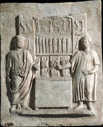 Romersk kunst: lavrelief af begravelsesstelen af ​​Lucio Cornelio Atimeto, bestik. 1. århundrede e.Kr. Fra Villa Massimo, Rom. Rom, Museum for romersk civilisation