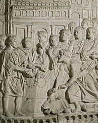 Romersk kunst: lavrelief, der repræsenterer Sarmat-borgere, der hylder romerne. Fra reliefferne af Marc-Aureles søjle (Marx Aurele). 2. århundrede e.Kr. Rom, Museo della Civilta Romana