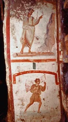Romersk kunst: mirakel af kilden og mirakel af de lammedes krig. Fresker. Slutningen af det 3. århundrede efter JC. Rom, katakomberne i San Marcellino og Pietro (Peter og Marcellin) - romersk kunst. Kildens mirakel og den lammedes bedring. Fr
