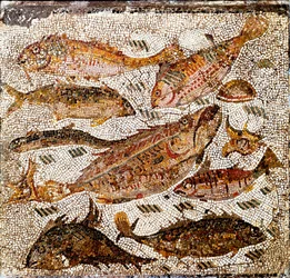 Romersk kunst: mosaik med fisk. 1. eller 2. århundrede e.Kr. Fra Villa dei Settimii ved Via Cassia. Rom, Museo Nazionale Romano