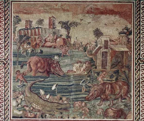 Romersk kunst: mosaik med Nil-landskab fra en villa på Aventinerhøjen, Rom, 1.-2. århundrede. Rom, Museo Nazionale Romano i Palazzo Massimo, inv. 171