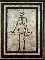 Romersk kunst: skelet med to kander. Mosaik fra det 1. århundrede fra Pompeji. Det Nationale Arkæologiske Museum, Napoli, Italien