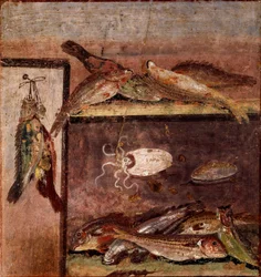 Romersk kunst: »Stilleben med fisk«. Fresko fra Pompeji. 1. århundrede e.Kr. Napoli, Museo Archeologico Nazionale