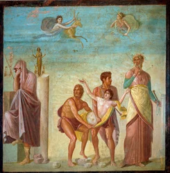 Romersk kunst: »Ofringen af Ifigenia« Fresko fra Den Tragiske Digters Hus i Pompeji. 1. århundrede e.Kr. Napoli, Det Nationale Arkæologiske Museum