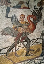 Romersk kunst: transport af strudse på skibe sendes til Rom. Detalje af mosaik af "" Det lille jagtselskab"" 315-350 e.Kr. Piazza Armerina, Villa Romana del Casale