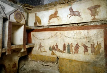 Romersk kunst: „Legende unge mennesker“. Fresker, der udsmykker en grav ved Via Portuense. 2. århundrede. Højde: 90 cm. Rom, Museo Nazionale Romano (eller delle Terme), Italien