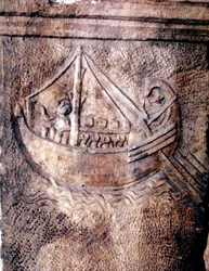 Romersk transportskib. Lavt relief fra det 2. århundrede e.Kr. Det Romerske Nationalmuseum