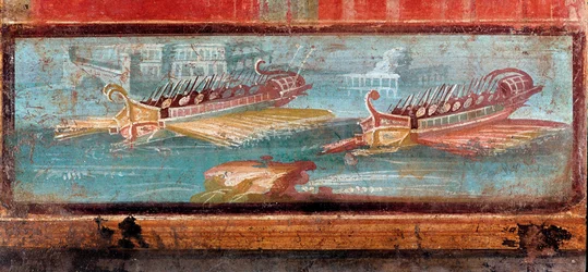 Romerske krigsskibe ved indsejlingen til en havn (fresco
