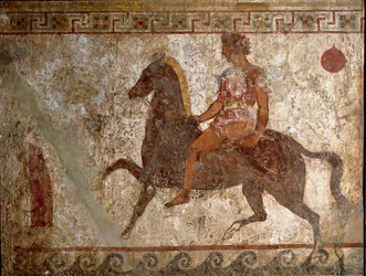 Samnitisk rytter. Gravmaleri fra det 4. århundrede f.Kr., fra Paestum i Italien. Fresko. Museo nazionale archeologico, Napoli (Napoli Nationale Arkæologiske Museum).