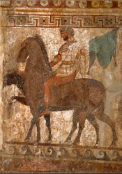 Samnitisk rytter. Gravmaleri fra det 4. århundrede f.Kr. fra Paestum i Italien. Fresko. Det Nationale Arkæologiske Museum, Napoli