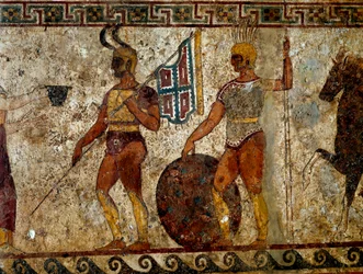 Samnitiske krigere. Gravmaleri fra det 4. århundrede f.Kr. fra Paestum i Italien. Mål: 112x199 cm. Inv. 9363. Museo nazionale archeologico, Napoli (Napoli Arkæologiske Museum).