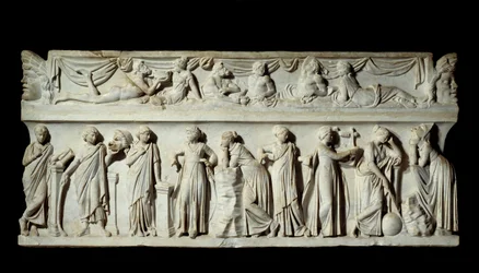 Sarcophagus des Muses: repræsentation af muser af kunst og bogstaver. Marmor skulptur. 150 e.Kr. Paris, Louvre-museet.