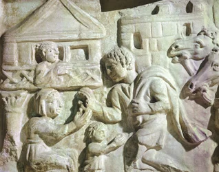 Scene af hjortejagt med net, romersk sarkofag, 4. århundrede (relief)