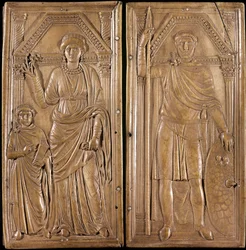 Stilicon (Flavius Stilicho eller Stiliccho, 360-408), general og politiker fra det antikke Rom af barbarisk oprindelse (vandalfar og romersk mor). "" Diptych of Stilicon"": Stilicon-pistol og hans kone Serena og hans søn Eucherio. Elfenben omkring 400. Tre