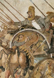 Slaget ved Issos, vundet af Alexander 3. den Store over Dareios (Darius) 3. Kodomannos (335 - 331 f.Kr.). Mosaik fra Pompeji. Detalje. Museo Archeologico Nazionale, Napoli. (Fra Pompeji, Faunens Hus)