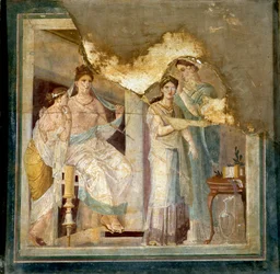 Toiletscene og en dames påklædning: Slaver sætter en piges hår. Fra Herculaneum (Fresko)