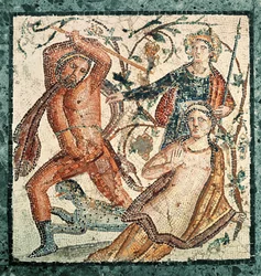 Lykurgos angriber nymfen Ambrosia, mosaik fra Herculaneum (50-79 e.Kr.)
